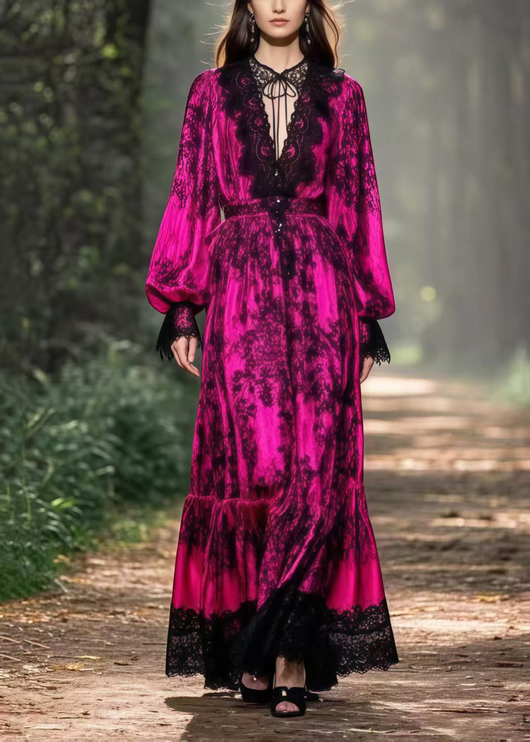 Boho Rose V Neck Patchwork Lace Maxi Dress Lantern Sleeve