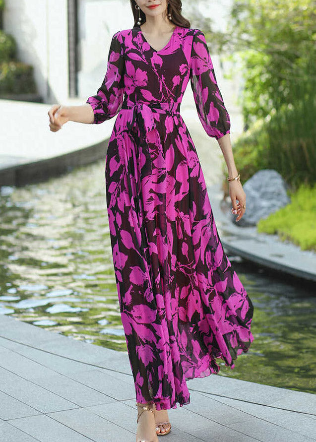 Boho Rose V Neck Print Wrinkled Chiffon Dresses Summer