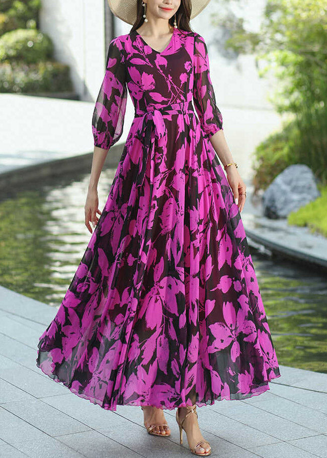 Boho Rose V Neck Print Wrinkled Chiffon Dresses Summer