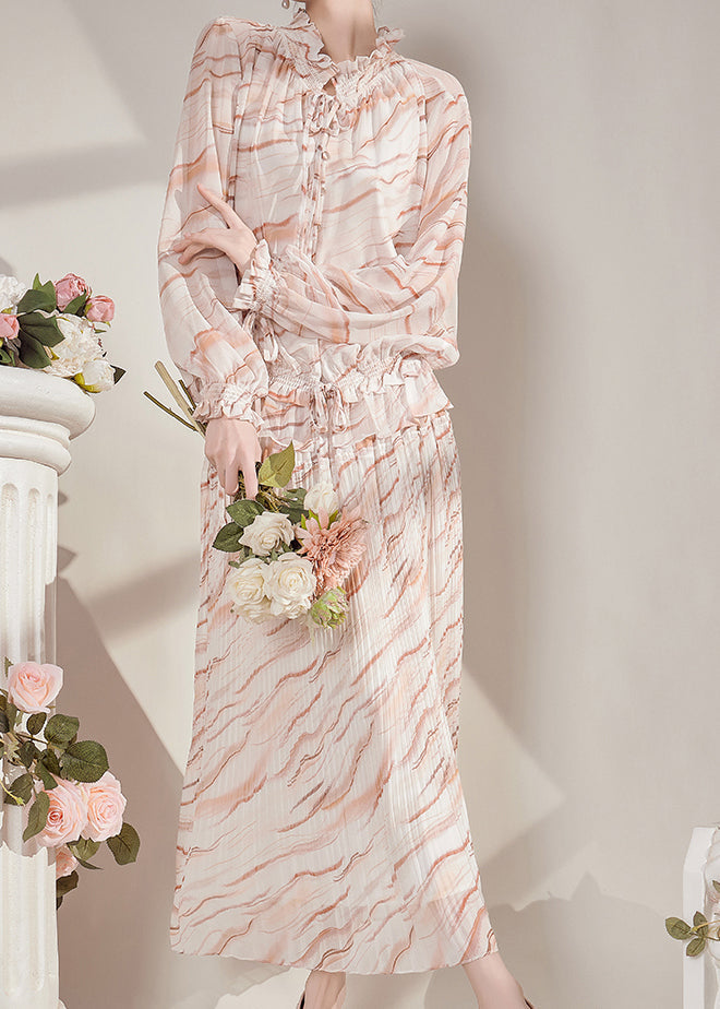 Boho Ruffled Striped Chiffon Shirts And Maxi Skirts Two-Piece Set Fall