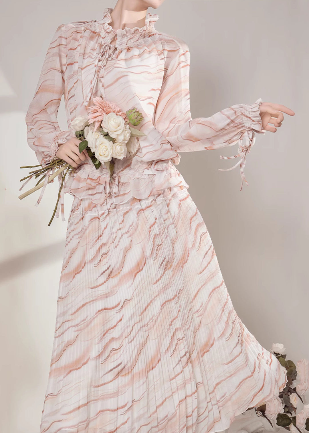 Boho Ruffled Striped Chiffon Shirts And Maxi Skirts Two-Piece Set Fall