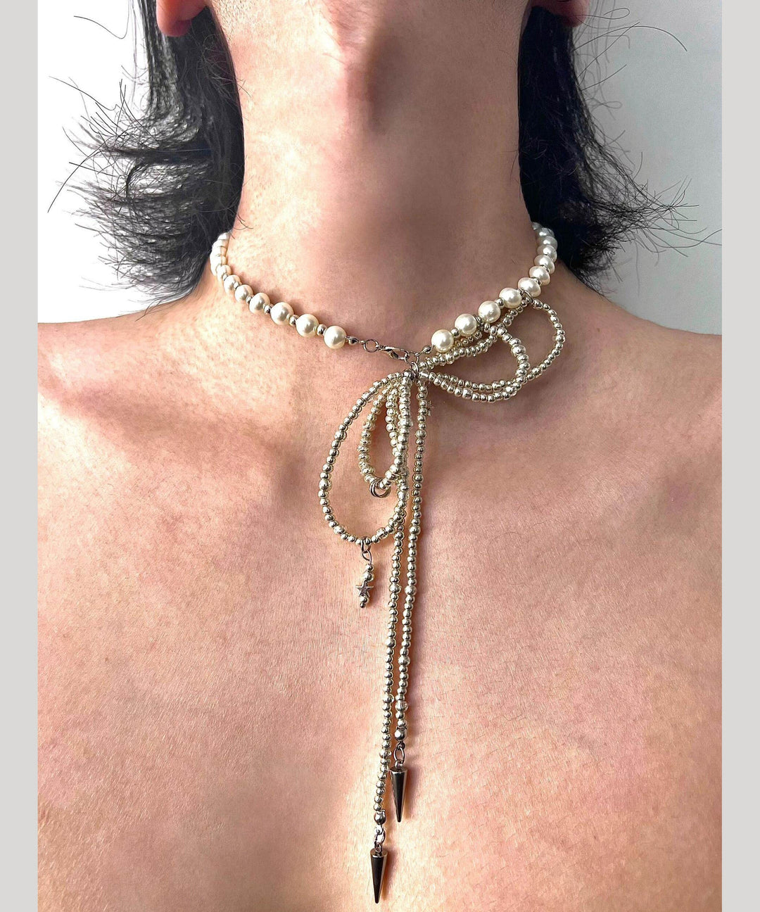 Boho Silk Alloy Pearl Rivet Bow Gratuated Bead Necklace