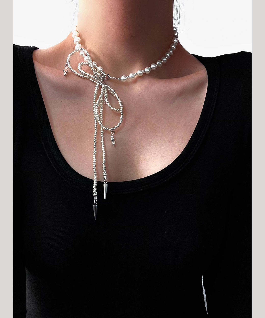 Boho Silk Alloy Pearl Rivet Bow Gratuated Bead Necklace
