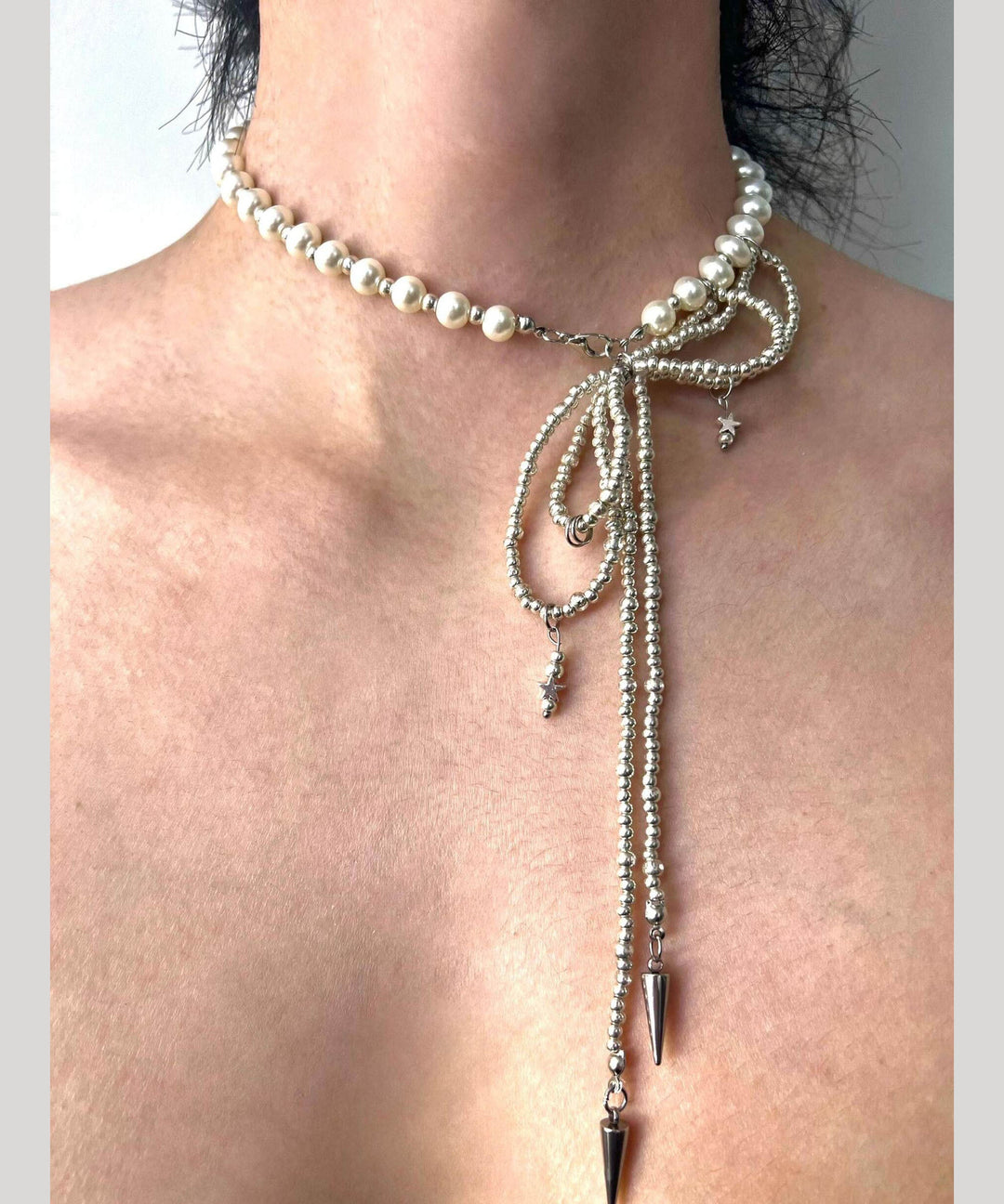 Boho Silk Alloy Pearl Rivet Bow Gratuated Bead Necklace