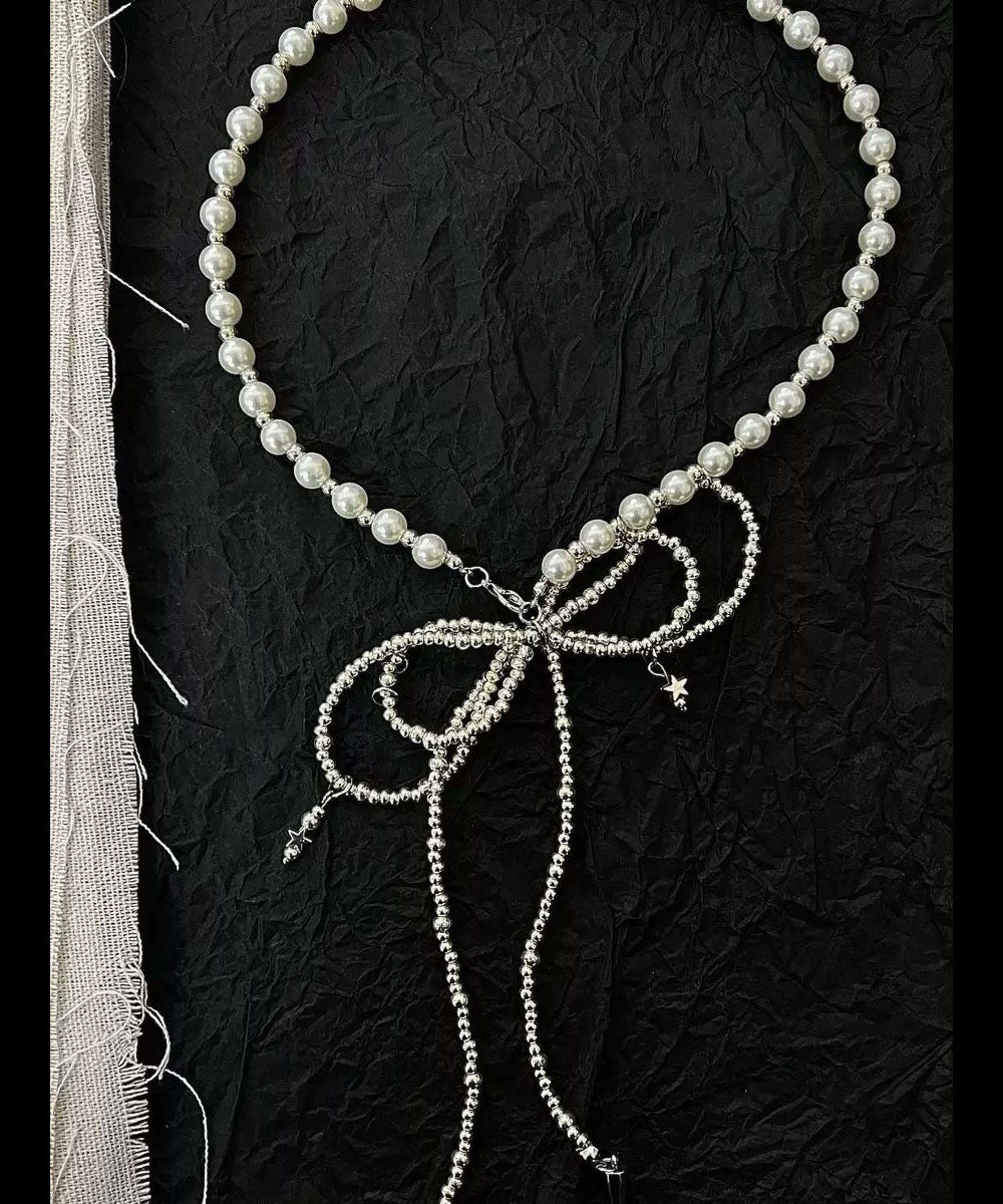 Boho Silk Alloy Pearl Rivet Bow Gratuated Bead Necklace