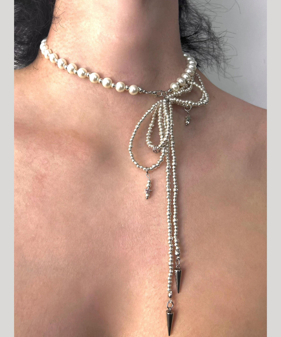 Boho Silk Alloy Pearl Rivet Bow Gratuated Bead Necklace