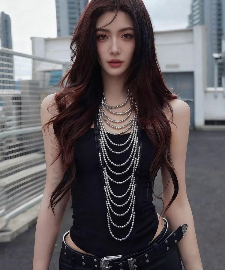 Boho Silk Copper Leather Rope Patchwork Multi-Layer Beading Tassel Gratuated Bead Necklace - Omychic