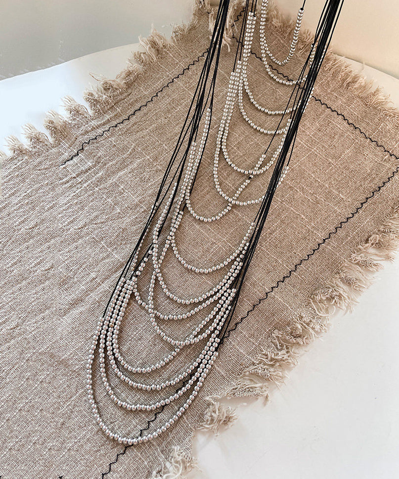 Boho Silk Copper Leather Rope Patchwork Multi-Layer Beading Tassel Gratuated Bead Necklace - Omychic