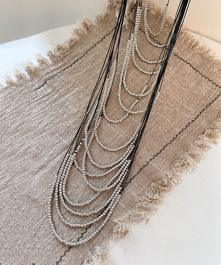 Boho Silk Copper Leather Rope Patchwork Multi-Layer Beading Tassel Gratuated Bead Necklace - Omychic