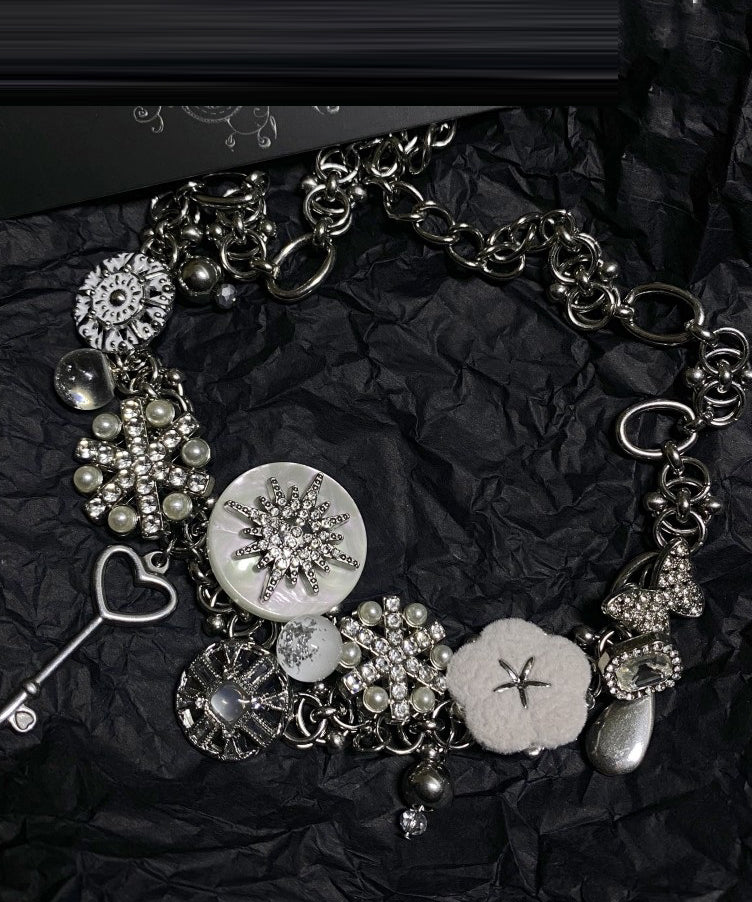 Boho Silk Sterling Silver Snowflake Button Collar Necklace