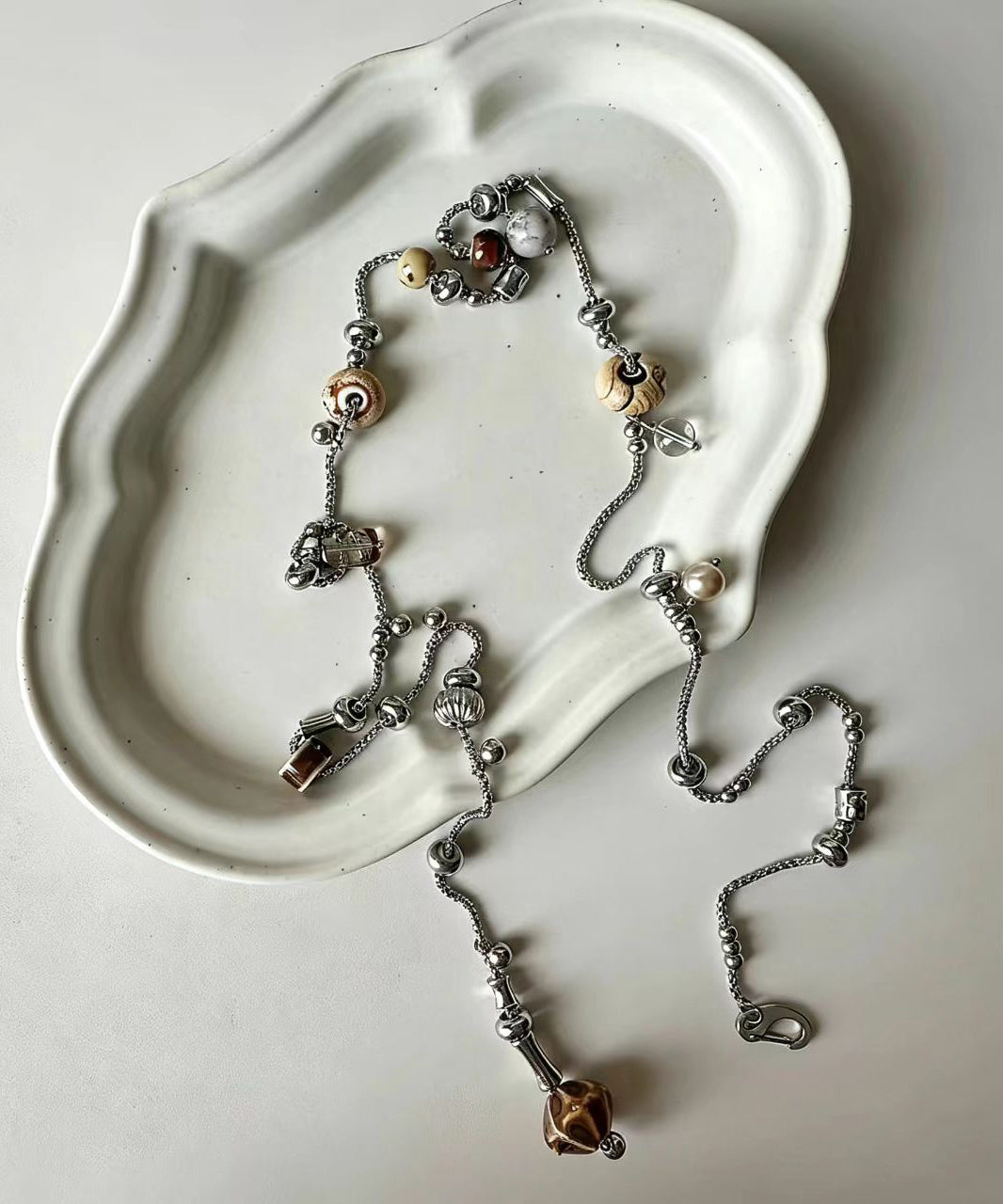 Boho Silk Titanium Steel Beading Lariat Necklace