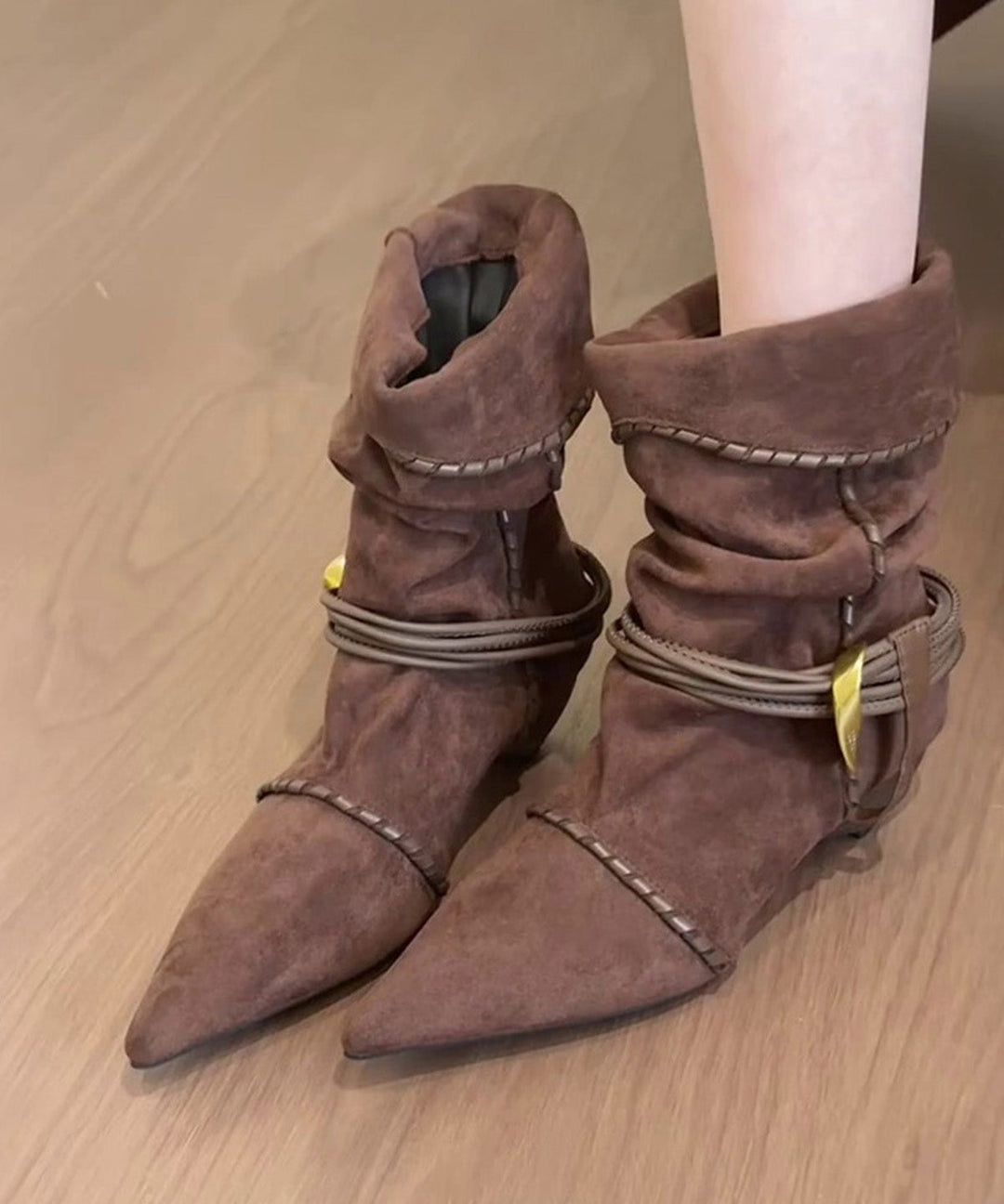 Boho Splicing Chunky Boots Apricot Suede Wrinkled Pointed Toe