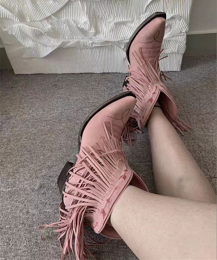 Boho Splicing Chunky Boots Embroidered Pink Faux Leather