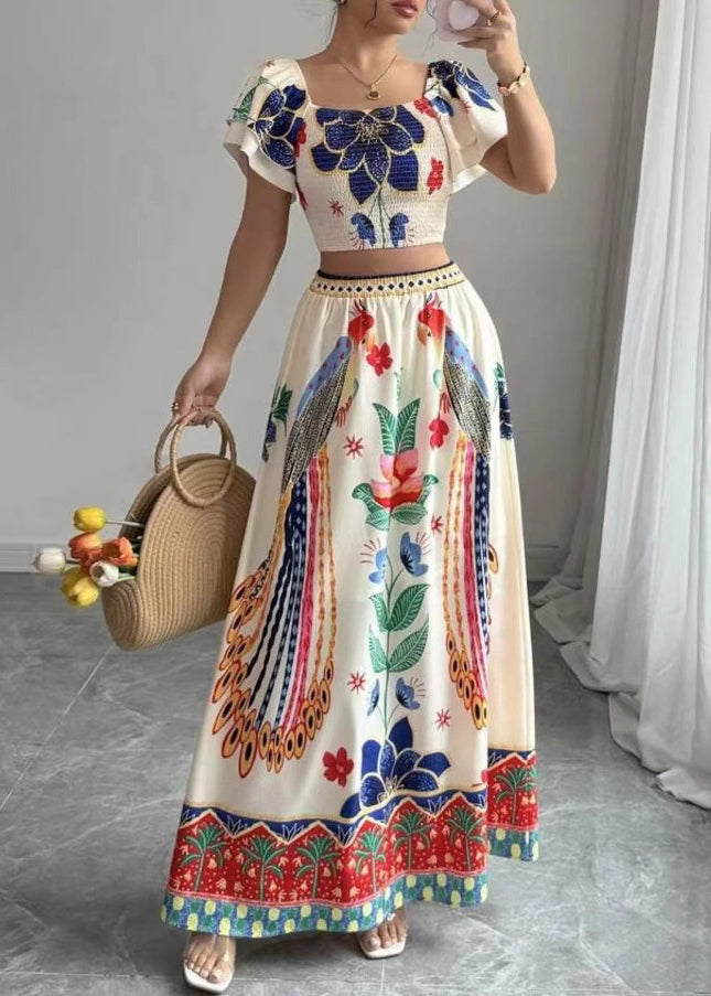 Boho Square Collar Print Top And Maxi Skirts Two Piece Set Summer