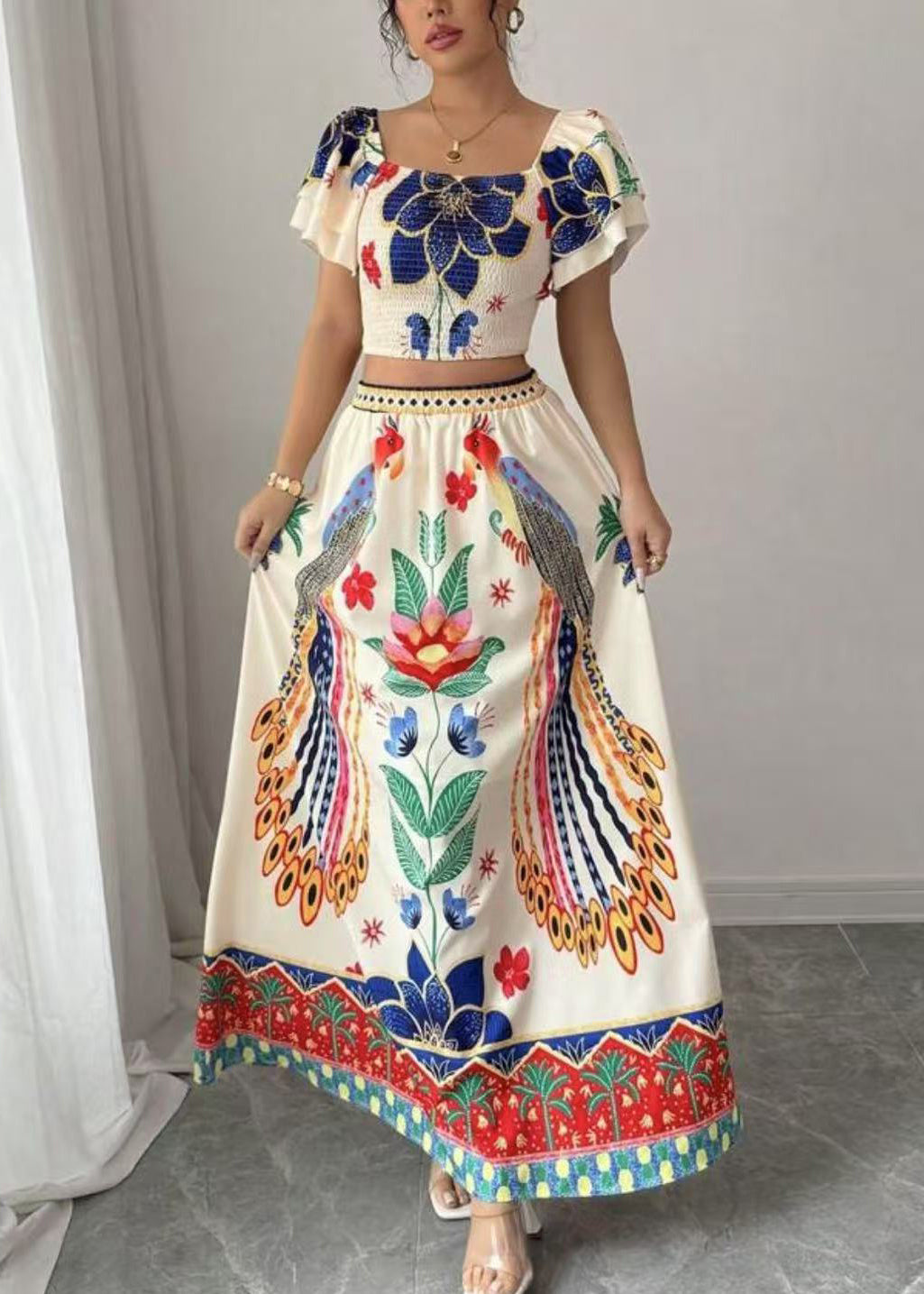 Boho Square Collar Print Top And Maxi Skirts Two Piece Set Summer