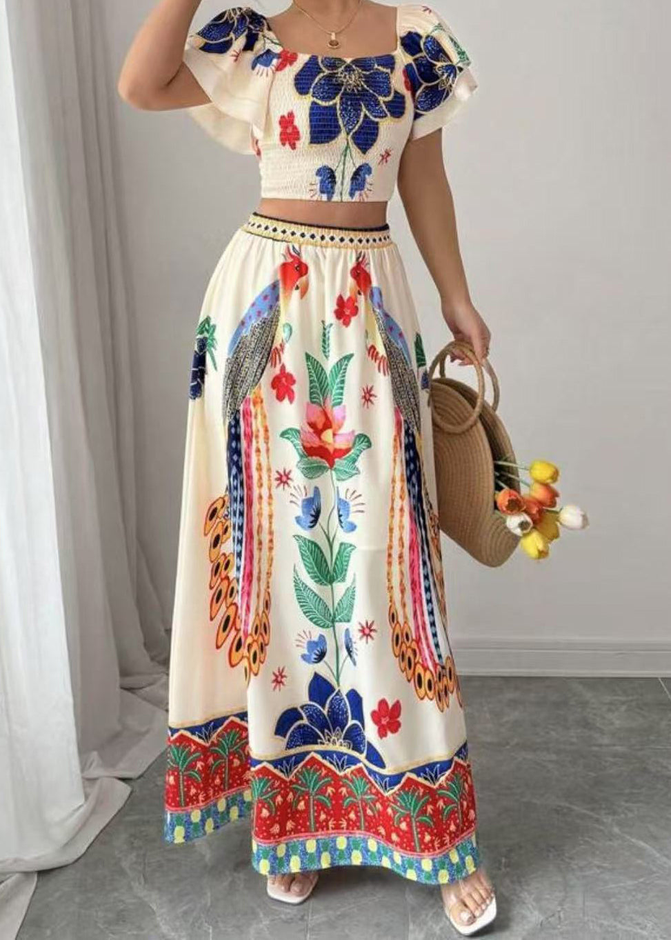 Boho Square Collar Print Top And Maxi Skirts Two Piece Set Summer