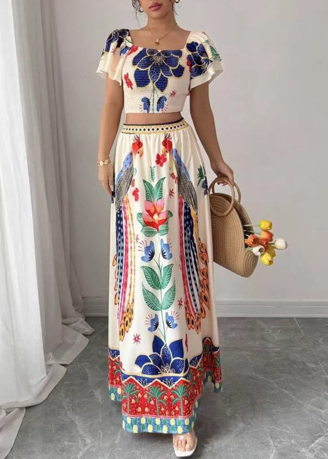 Boho Square Collar Print Top And Maxi Skirts Two Piece Set Summer