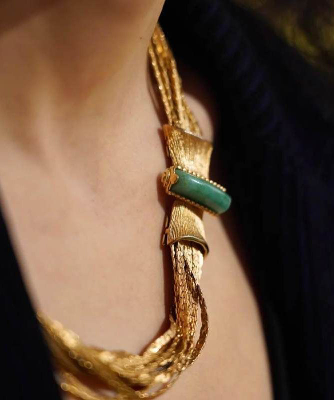 Boho Sterling Silver Overgild Jade Weave Necklace And Chain Bracelet Two-Piece Set
