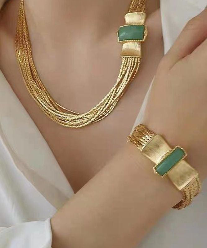 Boho Sterling Silver Overgild Jade Weave Necklace And Chain Bracelet Two-Piece Set