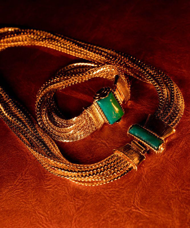 Boho Sterling Silver Overgild Jade Weave Necklace And Chain Bracelet Two-Piece Set