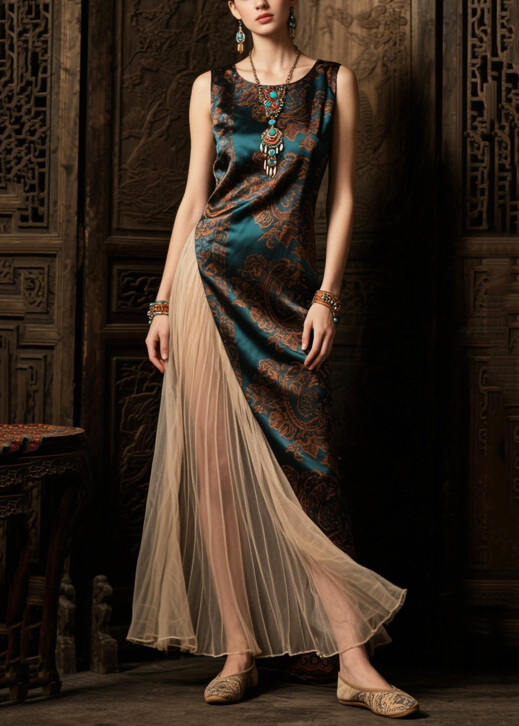 Boho Tea Green Asymmetrical Patchwork Tulle Silk Vacation Dresses Summer