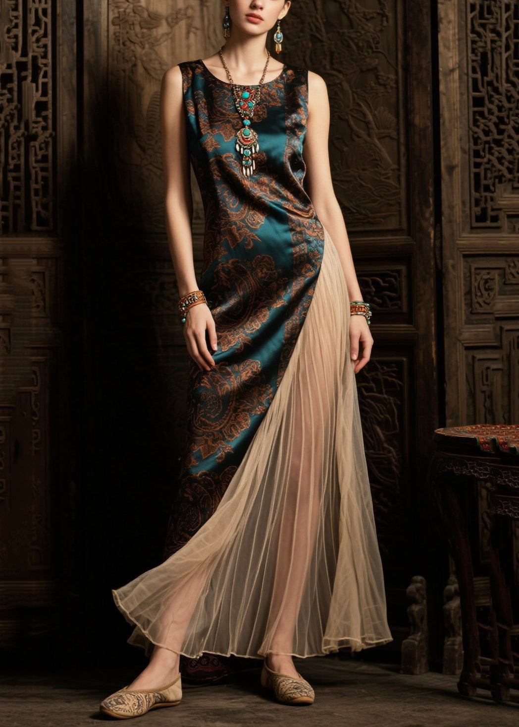 Boho Tea Green Asymmetrical Patchwork Tulle Silk Vacation Dresses Summer