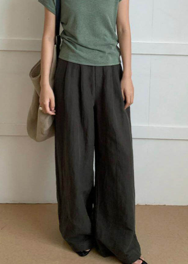 Boho Tea Green Elastic Waist Cotton Straight Pants Spring