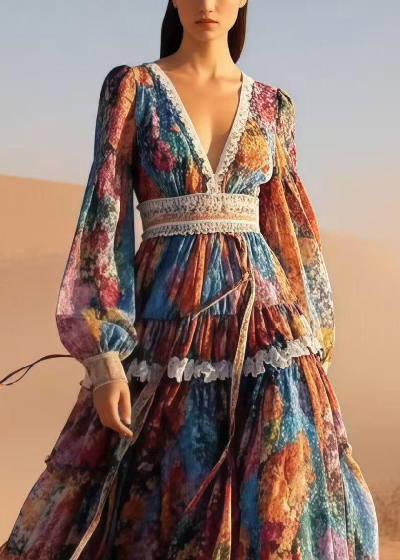 Boho V Neck Print Exra Large Hem Chiffon Cinched Dress Spring
