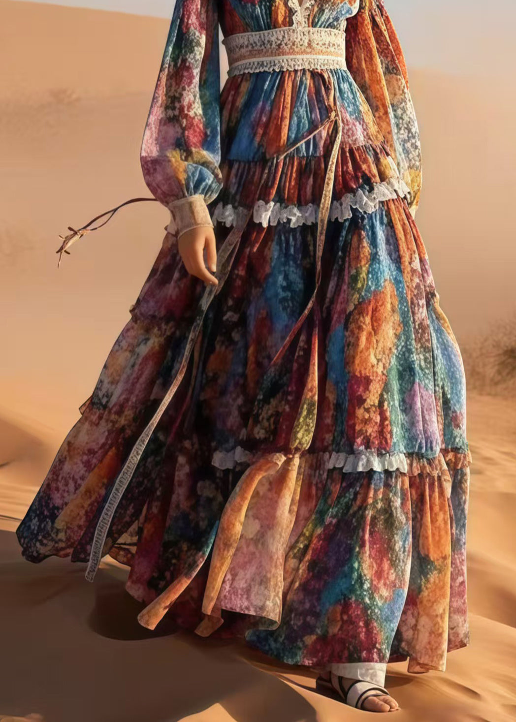 Boho V Neck Print Exra Large Hem Chiffon Cinched Dress Spring