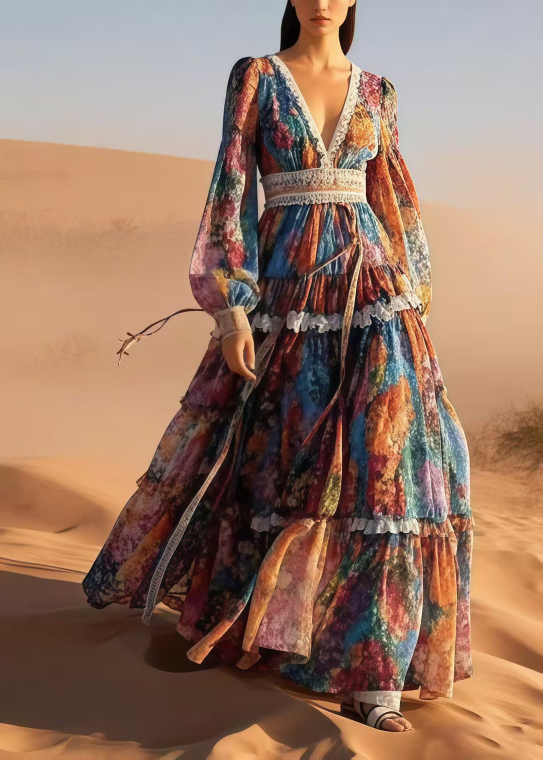 Boho V Neck Print Exra Large Hem Chiffon Cinched Dress Spring