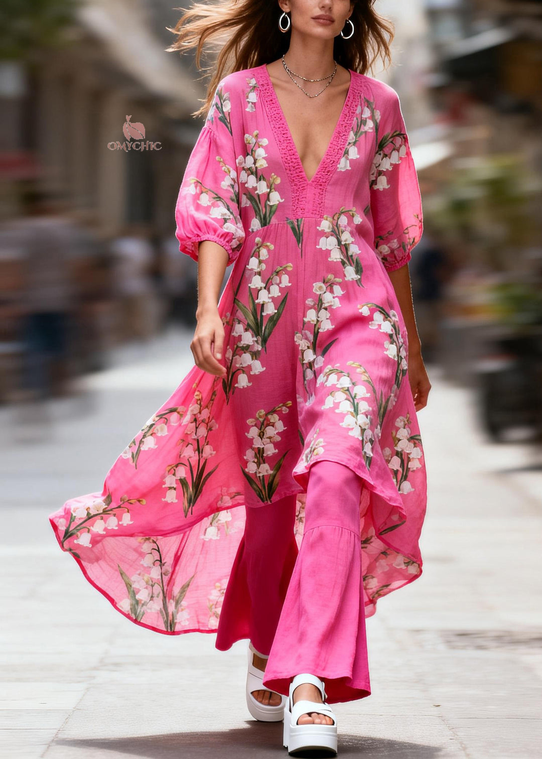 Boho V Neck Print Patchwork Cotton Two-Piece Set Summer