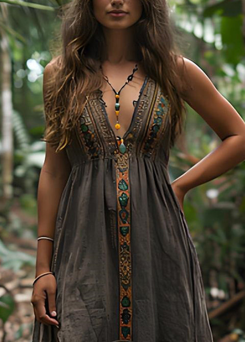 Boho V Neck Print Wrinkled Cotton Spaghetti Strap Dress Summer