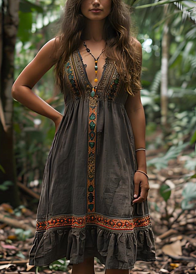 Boho V Neck Print Wrinkled Cotton Spaghetti Strap Dress Summer