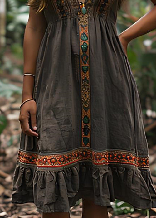Boho V Neck Print Wrinkled Cotton Spaghetti Strap Dress Summer