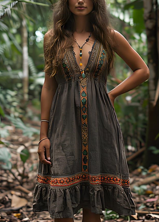 Boho V Neck Print Wrinkled Cotton Spaghetti Strap Dress Summer