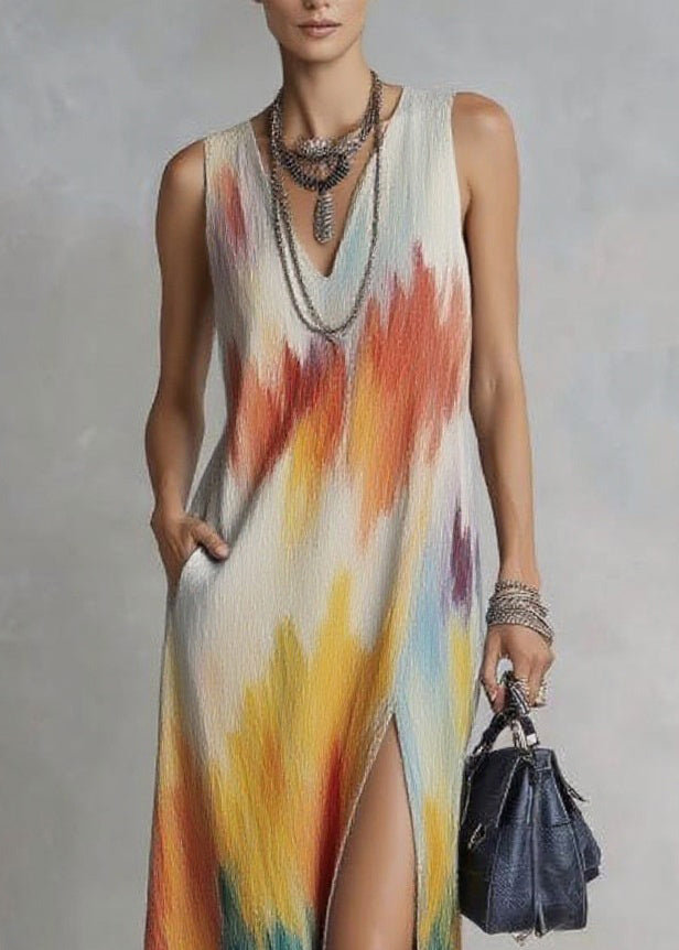 Boho V Neck Side Open Print Long Dresses Sleeveless - Omychic
