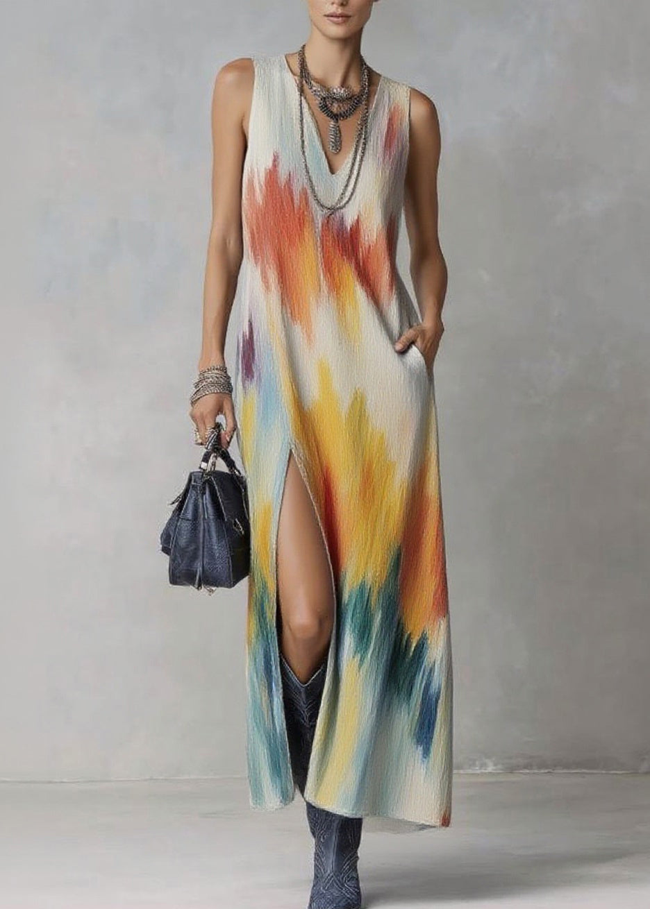 Boho V Neck Side Open Print Long Dresses Sleeveless - Omychic