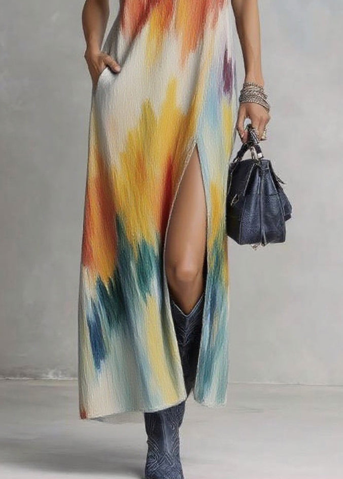Boho V Neck Side Open Print Long Dresses Sleeveless - Omychic