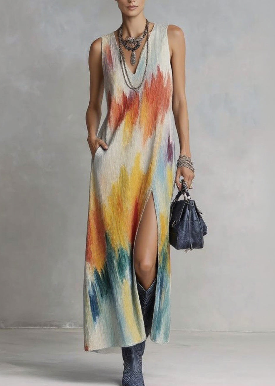 Boho V Neck Side Open Print Long Dresses Sleeveless - Omychic