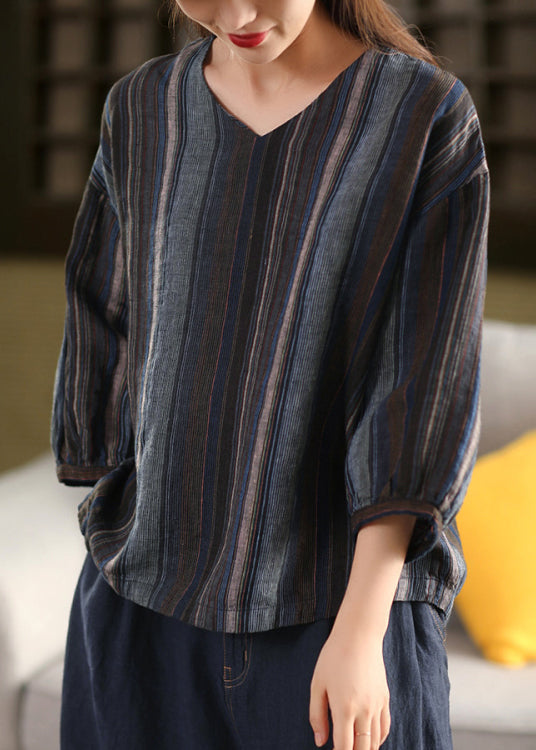 Boho V Neck Striped Loose Linen Shirts Summer