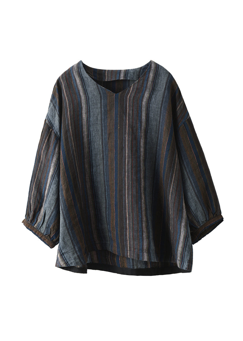 Boho V Neck Striped Loose Linen Shirts Summer