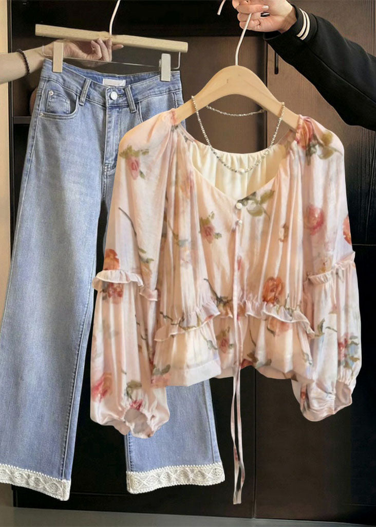 Boho V Neck Tie Lace Print Ruffled Shirts Fall