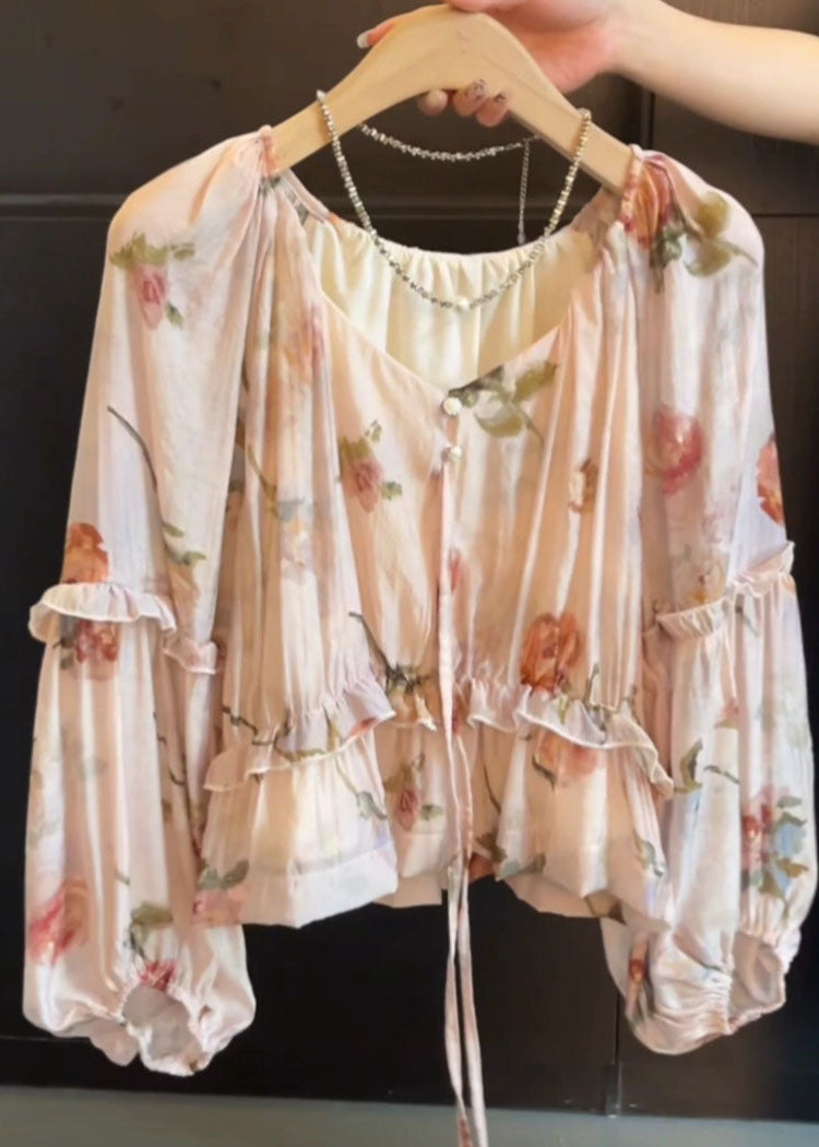 Boho V Neck Tie Lace Print Ruffled Shirts Fall