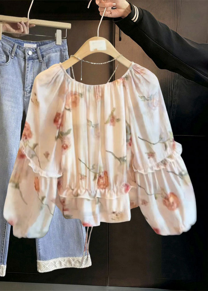 Boho V Neck Tie Lace Print Ruffled Shirts Fall