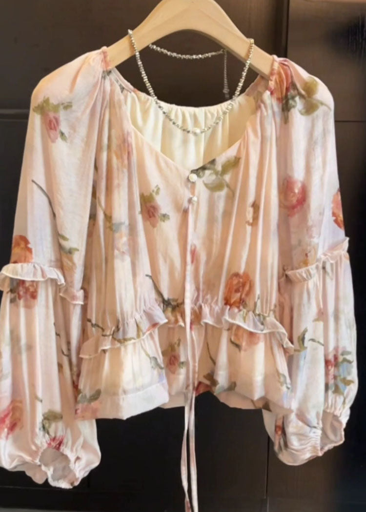 Boho V Neck Tie Lace Print Ruffled Shirts Fall