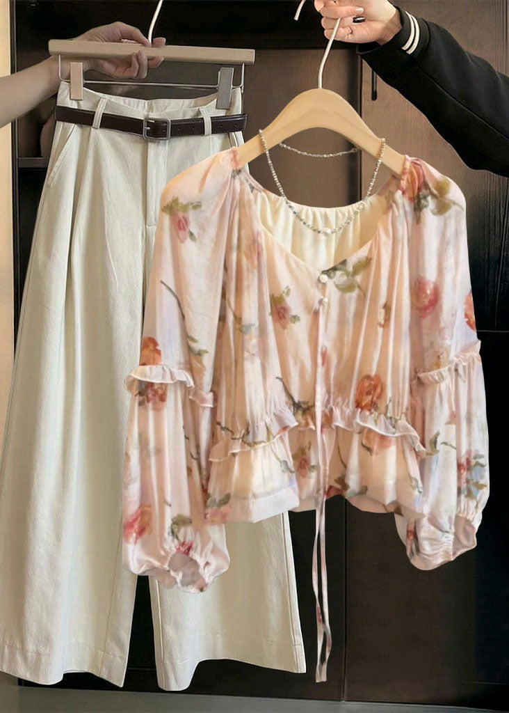 Boho V Neck Tie Lace Print Ruffled Shirts Fall