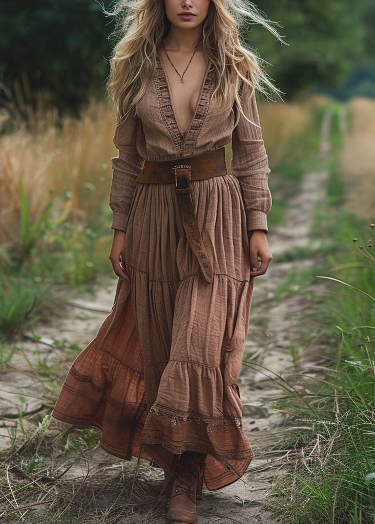 Boho V Neck Wrinkled Patchwork Cotton Long Dress Spring