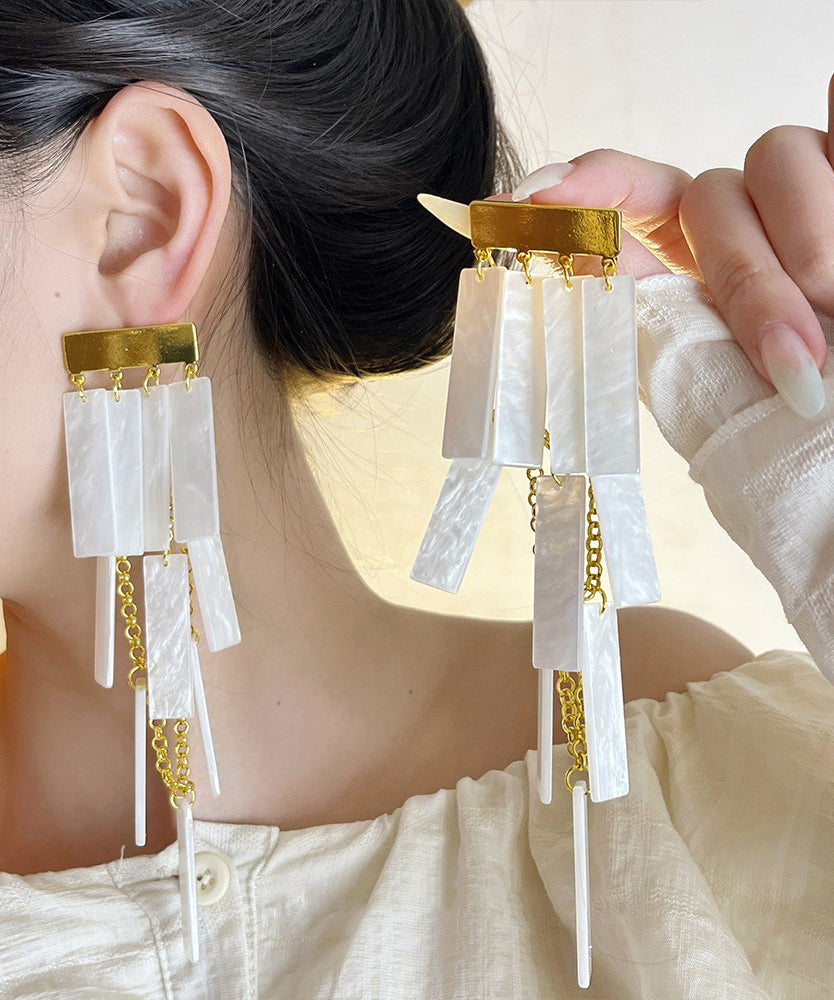 Boho White Alloy Acrylic Tassel Drop Earrings