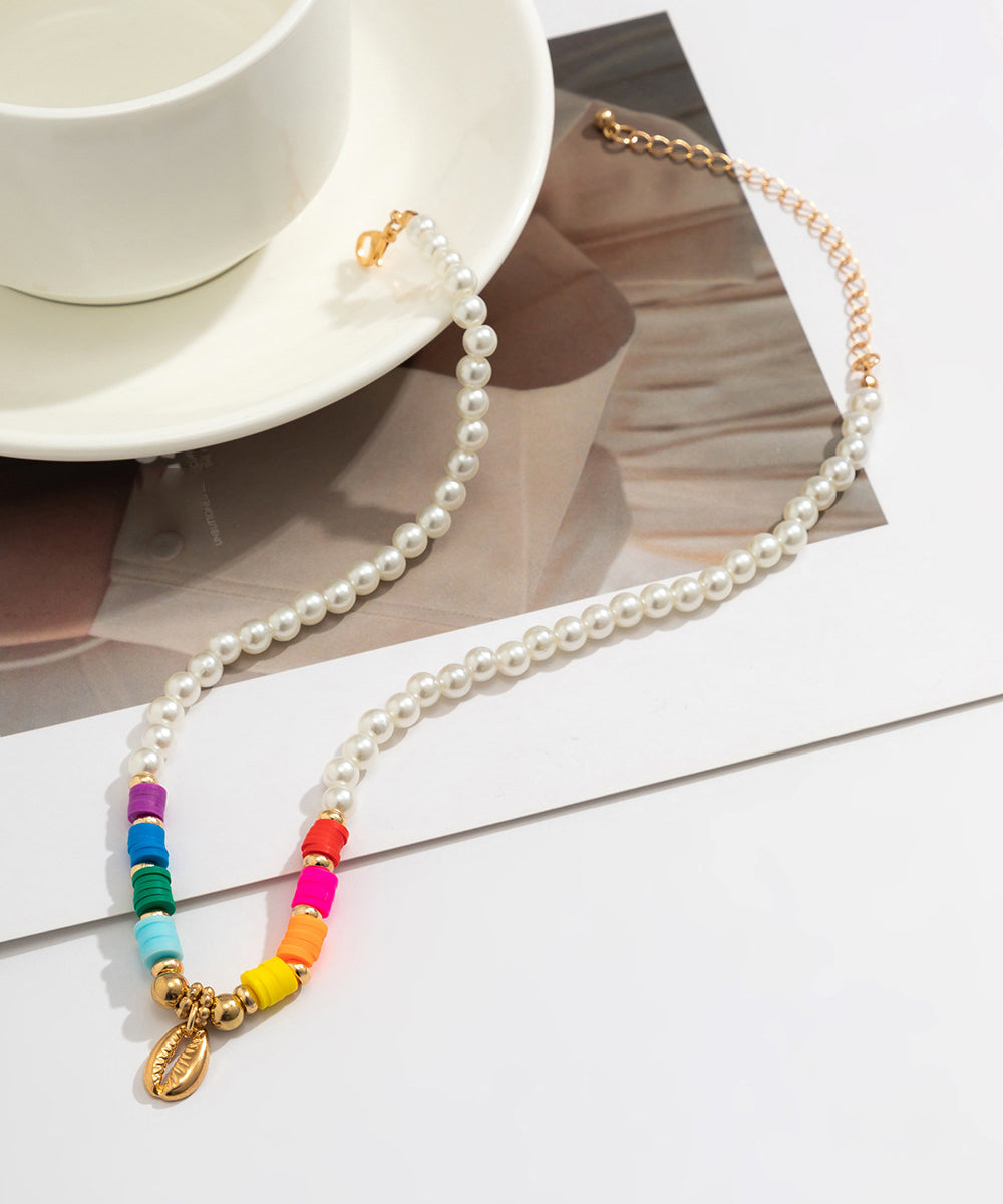 Boho White Alloy Pearl Beading Shell Gratuated Bead Necklace