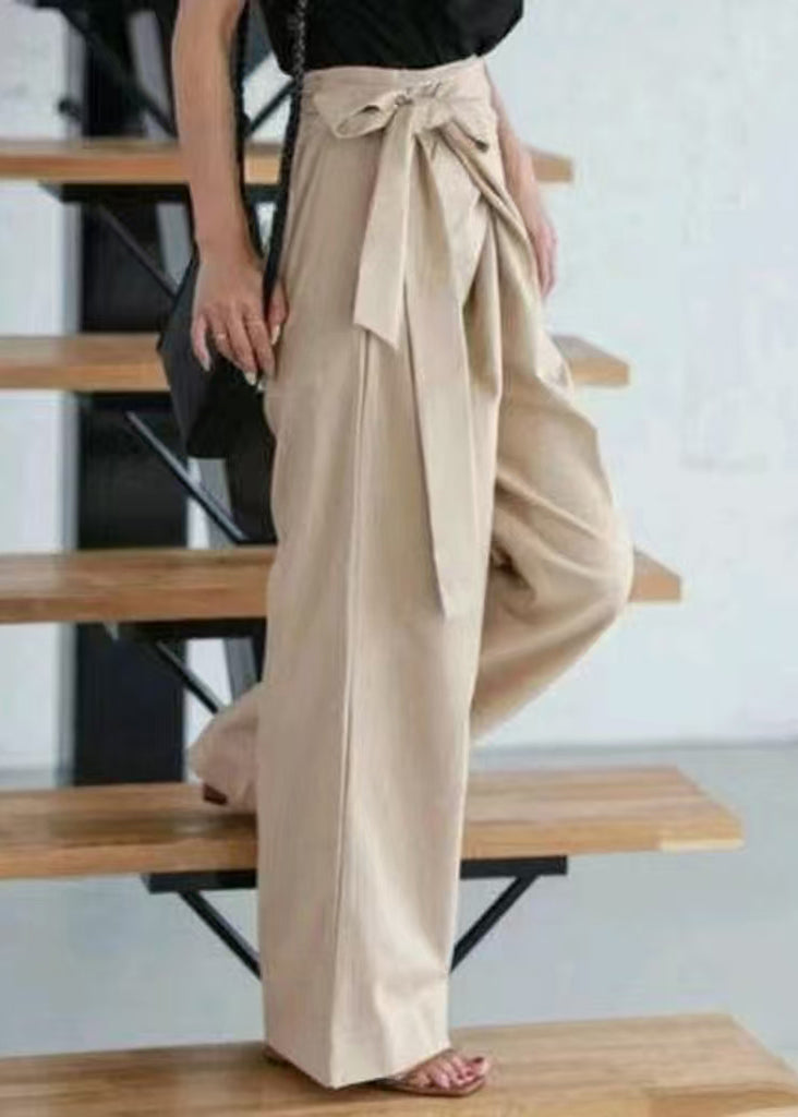 Boho White Asymmetrical Side Tie Waist Linen Straight Pants Fall